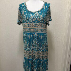 Popyoung teal and tan paisley print shift dress, cap sleeve, lightweight XL